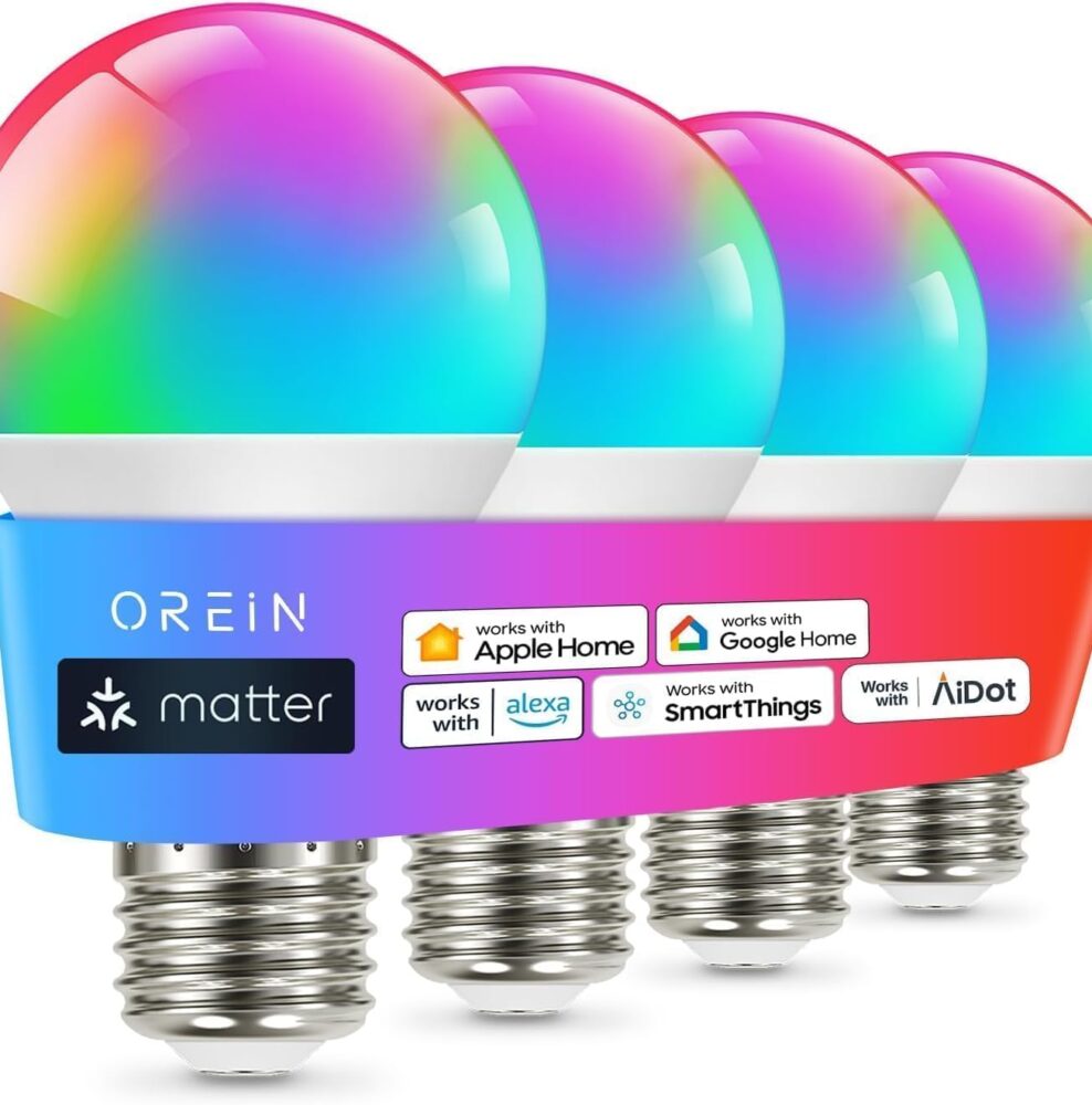 OREiN Matter Smart Light Bulb, A19 RGBTW Color Changing Light Bulbs, 4 Pack