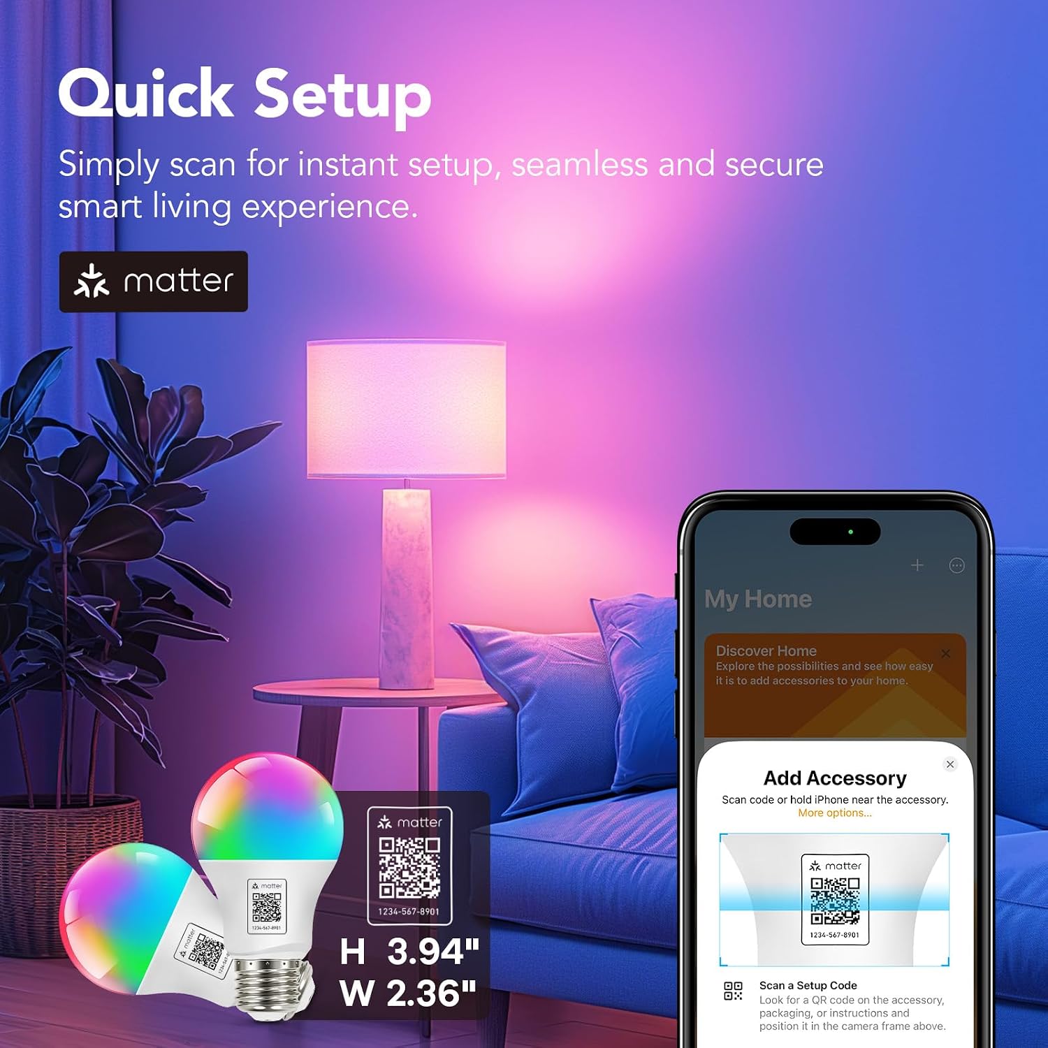 OREiN Matter Smart Light Bulb, A19 RGBTW Color Changing Light Bulbs, 4 Pack - Image 2